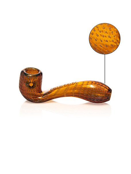 Amber GRAV Mini Bubble Trap Sherlock hand pipe shown in profile with dimensions and curved stem