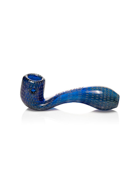 Blue GRAV Mini Bubble Trap Sherlock hand pipe shown from the side with flat-sitting glass base