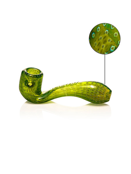 Green GRAV Mini Bubble Trap Sherlock hand pipe shown in profile with dimensions and curved neck
