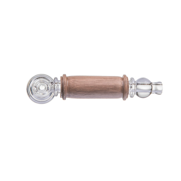 Close-up of the warm black walnut accents fitted around the compact Creek glass hand pipe