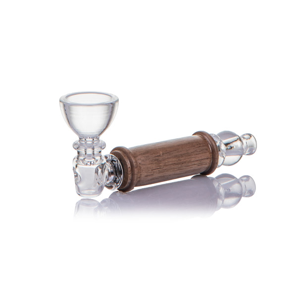 Front view of the Alpine Creek glass hand pipe highlighting the front carb and walnut accent sections