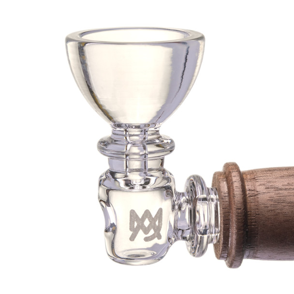 Close-up of the clear borosilicate bowl and MJ Arsenal branding on the Creek hand pipe