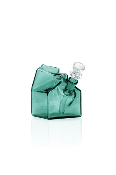 Angled lake green GRAV Milk Carton Pocket Bubbler highlighting its square base, carton-shaped body, and glass spout