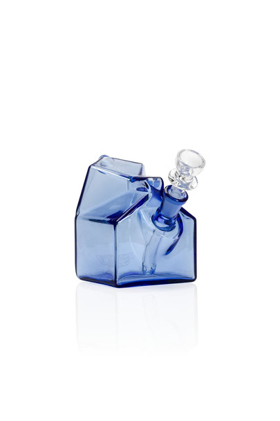 Compact  cobalt blue GRAV Milk Carton Pocket Bubbler shown from an angled product view with included cup bowl