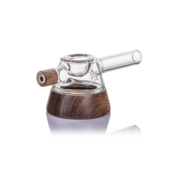 Front view of the Alpine Base Camp hand pipe with clear glass body and rounded walnut base