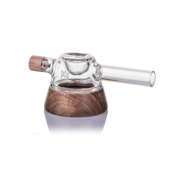 Mouthpiece-end view of the Base Camp hand pipe with clear tube and dark walnut detailing