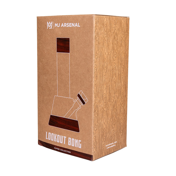 Tall Alpine Lookout water pipe displaying its borosilicate glass and black walnut profile