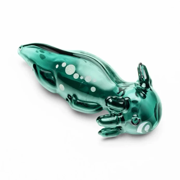 Green axolotl hand pipe with pink gill details and integrated bowl positioned along the animal’s back
