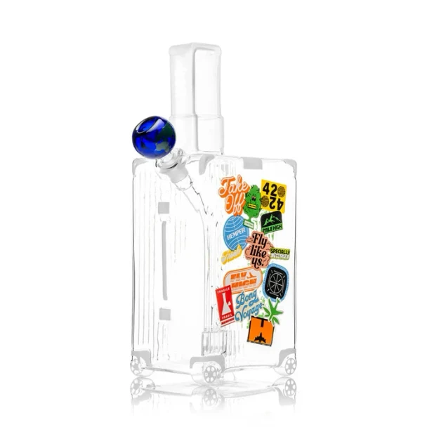 Hemper suitcase-themed XL borosilicate glass bong presented from an alternate product angle