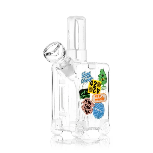 Hemper suitcase-themed borosilicate glass bong shown from a rear three-quarter product angle