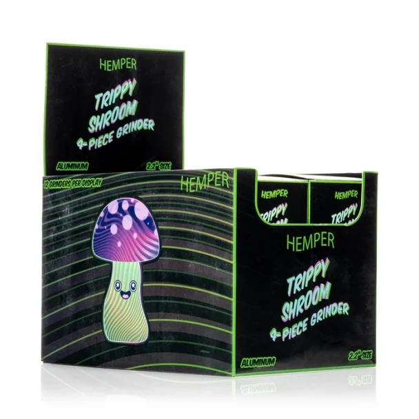 Twelve Hemper Trippy Shroom grinders arranged in a branded display box for counter merchandising