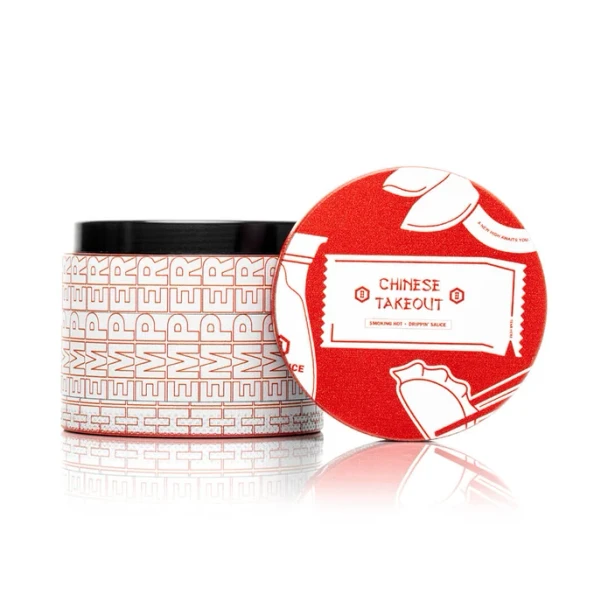 Closed Hemper Chinese Takeout metal grinder shown against white with themed exterior artwork