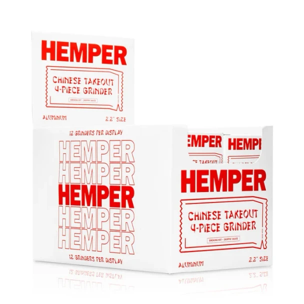Twelve Hemper Chinese Takeout grinders arranged in a branded display box for counter merchandising