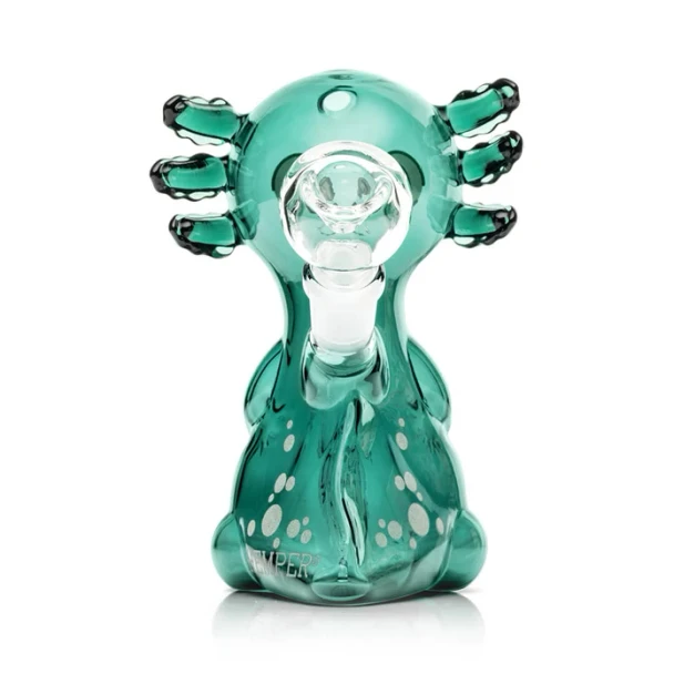 Hemper Axolotl glass water pipe displayed from an alternate angle to show its novelty silhouette