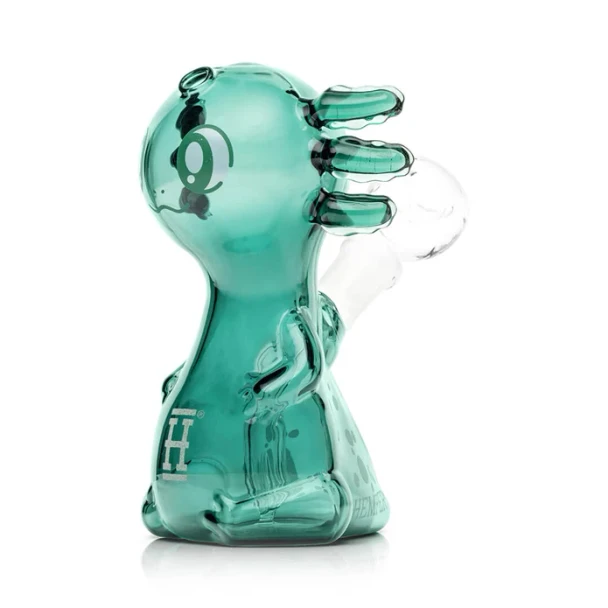 Hemper green and pink Axolotl medium bong presented for novelty glass showcase merchandising