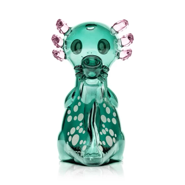 Hemper Axolotl XL water pipe shown at an angled view with pink feathery glass gill details