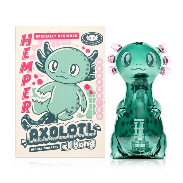 Hemper Axolotl XL glass bong displayed beside its branded retail packaging on a white background