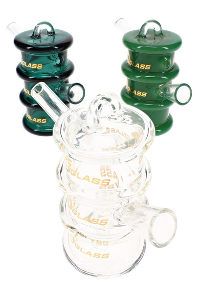 Assorted 3.5" 6B Glass barrel bubblers in clear, teal, and green with side-mounted bowls and loop-top mouthpieces.