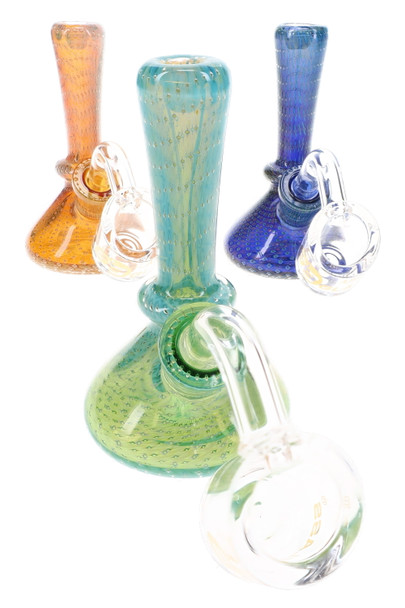 Assorted 3.5-inch 6B Glass silver fumed mini beaker dab rigs with bubble glass pattern and matching quartz bangers.