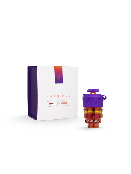 Puffco Plasma Peak Pro 3DXL Chamber with dark cap, metallic body, and iridescent accent details