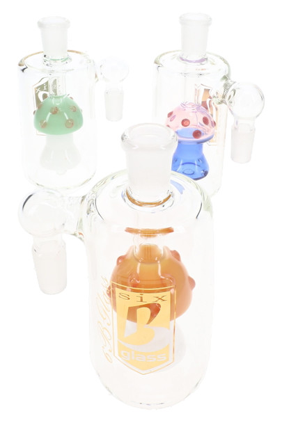 Assorted 14.5 mm 6B Glass mushroom ash catchers with colorful internal mushroom designs in orange, blue, green, and pink.
