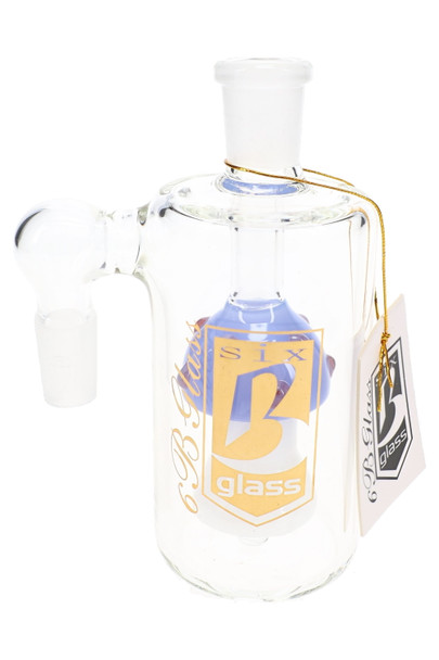 Clear 14.5 mm 6B Glass male to female ash catcher with blue mushroom centerpiece and frosted glass joints.