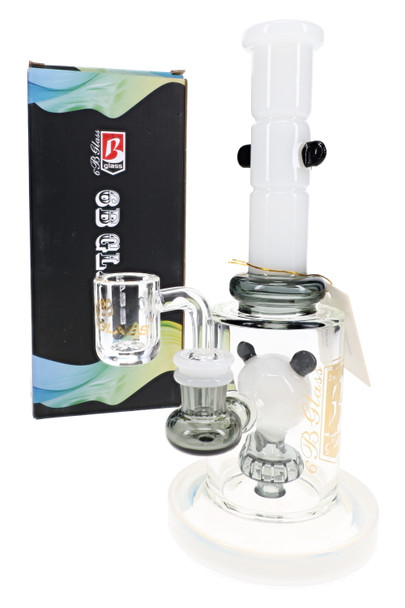 9-inch 6B Glass panda showerhead perc dab rig with white accent neck, quartz banger, branded retail box, and gray accent glass.