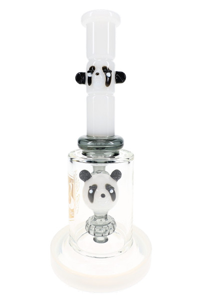 White 9-inch 6B Glass panda dab rig showing handcrafted panda showerhead percolator, matching panda neck detail, and heavy round base.