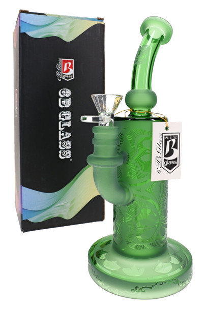 Green frosted 6B Glass floral water pipe with bent neck, etched botanical pattern, matching bowl, and branded retail packaging.