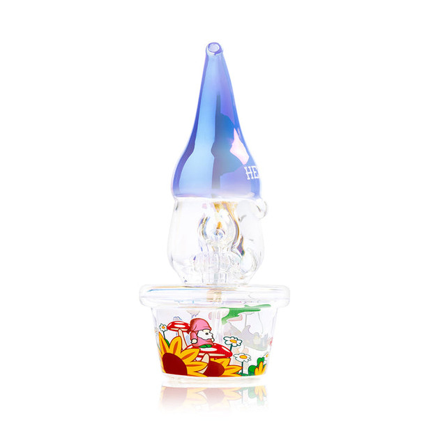 Rear view of Hemper Trippy Gnome XL glass bong showing blue hat, clear glass body, and illustrated flower-pot base