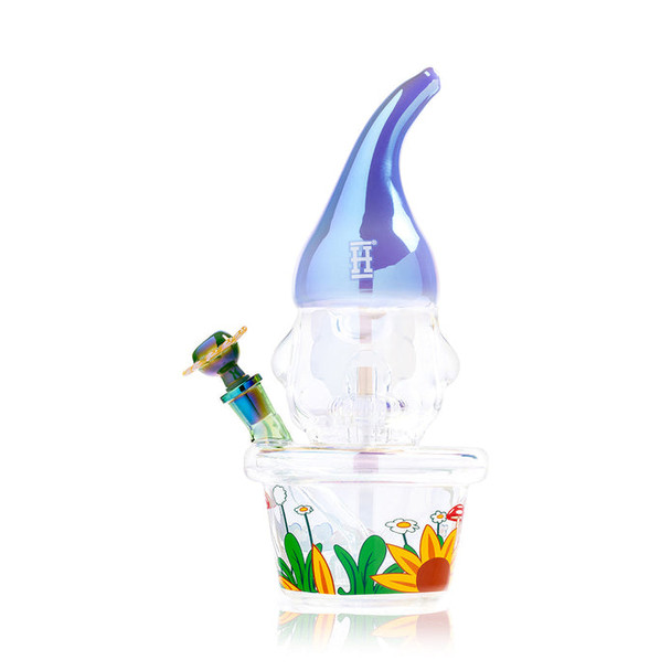 Left-side profile of Hemper Trippy Gnome XL glass bong with angled flower bowl and colorful garden artwork on the base