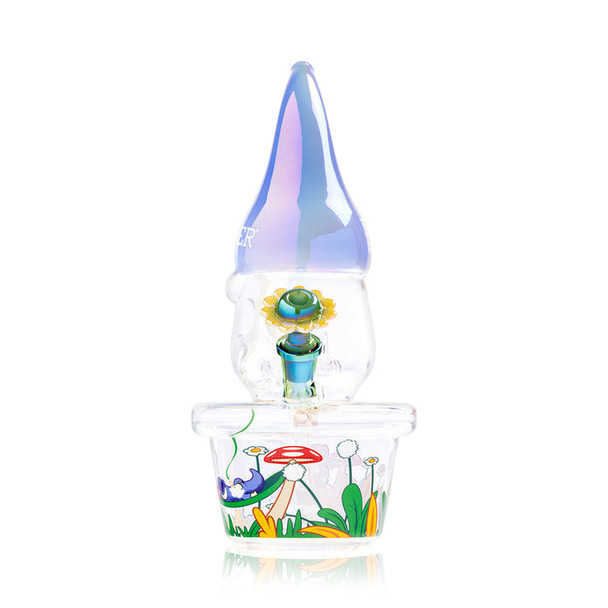 Front view of Hemper Trippy Gnome XL glass bong featuring iridescent flower bowl and detailed mushroom garden graphics