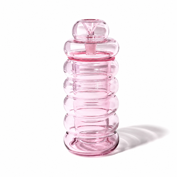 Petal pink NWTN Bolla Gravity Bong featuring stacked rounded borosilicate glass chambers, integrated glass bowl, and silicone gasket.