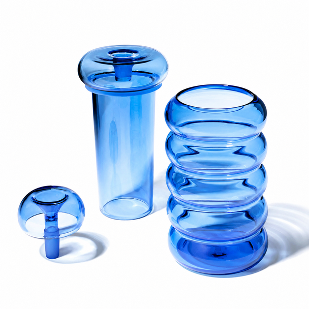 Disassembled Lapis NWTN Bolla Gravity Bong showing the glass bowl assembly, inner core, and outer chamber components.