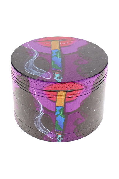 2.5" Lips decal grinder with purple artwork featuring red lips and a colorful illustrated rolled design