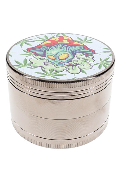 Closed 4-part metal grinder with silver-tone body and colorful mushroom character decal on the round lid