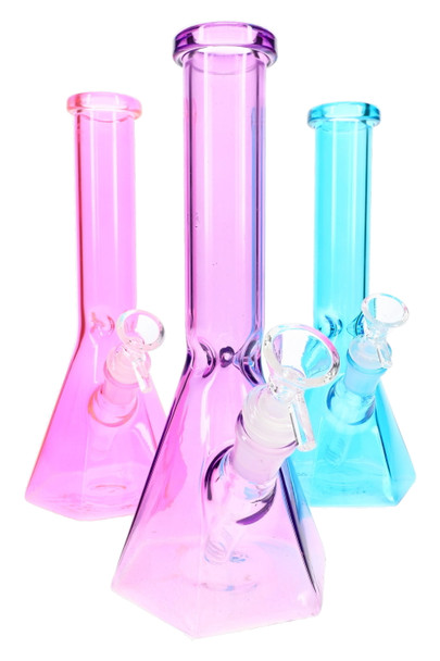 Three 10" colored glass hexagon beaker water pipes in pink, purple and blue with clear bowls and downstems
