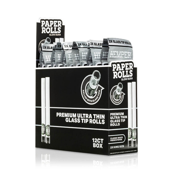 HEMPER glass-tipped paper rolls 12-pouch display box shown front-facing with black-and-white retail packaging