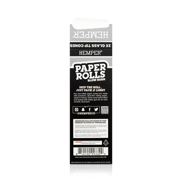 Back of HEMPER Paper Rolls retail pouch with product information, warning panel, barcode, and social icons