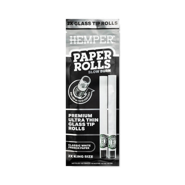 Front of HEMPER 2X Glass Tip Rolls pouch with black-and-gray packaging and two paper rolls pictured