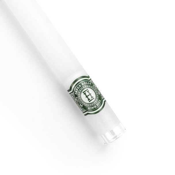 Close-up of white HEMPER king size paper roll showing green Paper Rolls band and transparent glass tip
