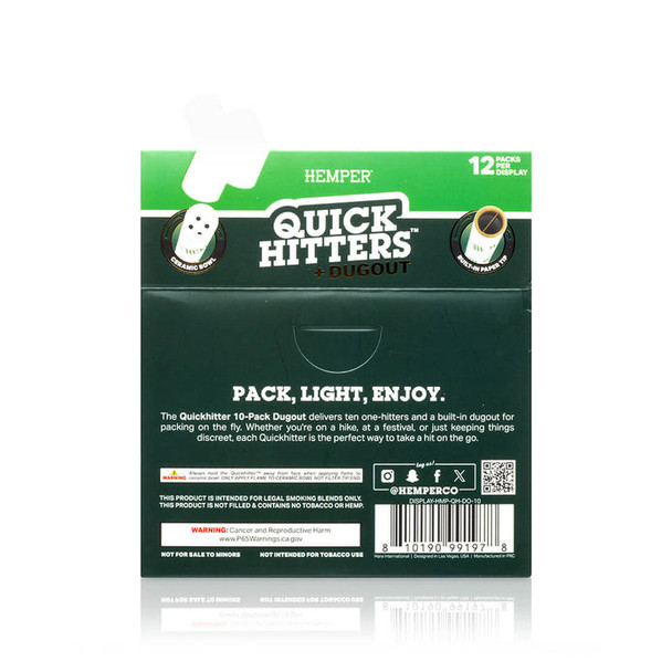 Back of HEMPER Quick Hitters + Dugout display packaging with product details, warning panels, and barcode
