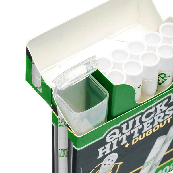 Open HEMPER Quick Hitters + Dugout box showing white hitters and clear storage compartment inside