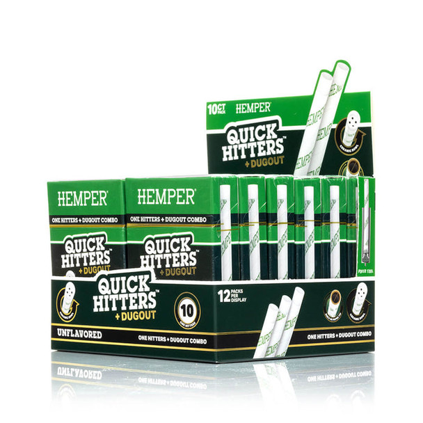 HEMPER Natural Quick Hitters + Dugout 12-pack display with green retail boxes and individual hitters visible