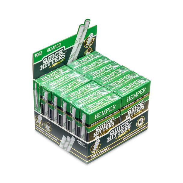 Angled HEMPER Natural Quick Hitters + Dugout display showing 12 individual retail boxes arranged for resale