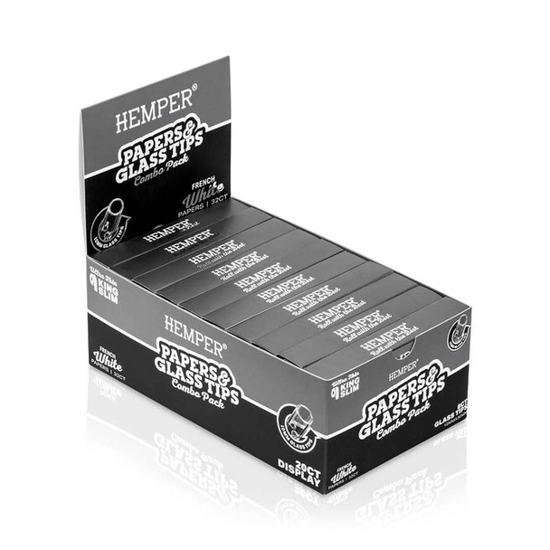 HEMPER Papers & Glass Tips 20-pack display shown at an angle with individual black-and-gray combo packs