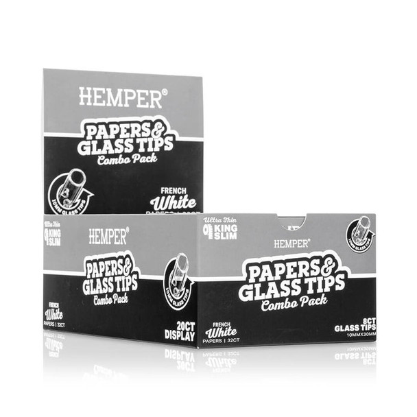 HEMPER Papers & Glass Tips 20-pack display with two combo packs positioned in front of the branded box