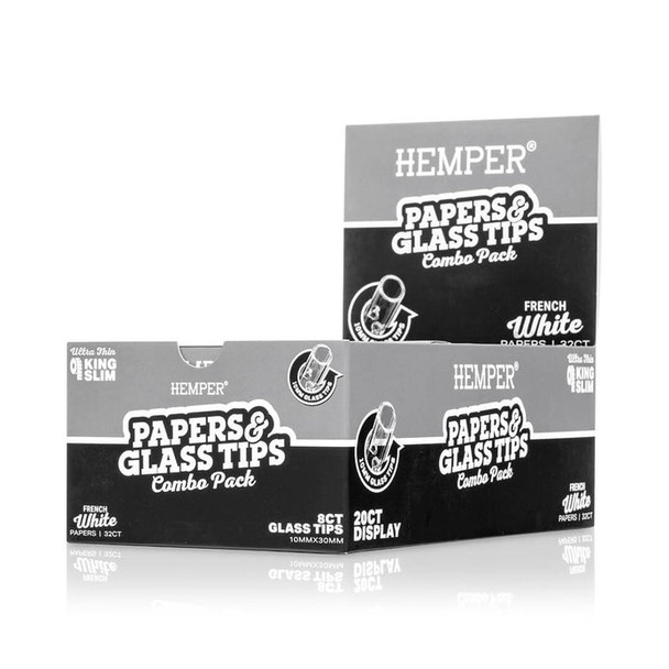 HEMPER Papers & Glass Tips retail display showing 20 combo packs with paper and glass tip details on packaging