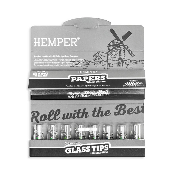 Open HEMPER combo pack showing king size rolling papers above a row of eight clear glass tips