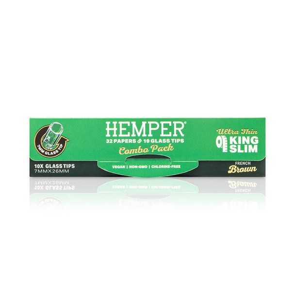 Side of HEMPER Natural Brown combo pack showing 32 papers and 10 reusable 7 mm x 26 mm glass tips